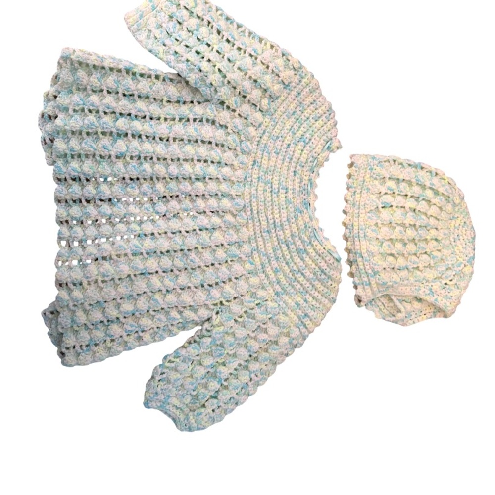 Handmade 90’s Style Crochet Baby Girl Sweater and Bonnet Hat Set- SEE SIZE BELOW - Picture 2 of 5